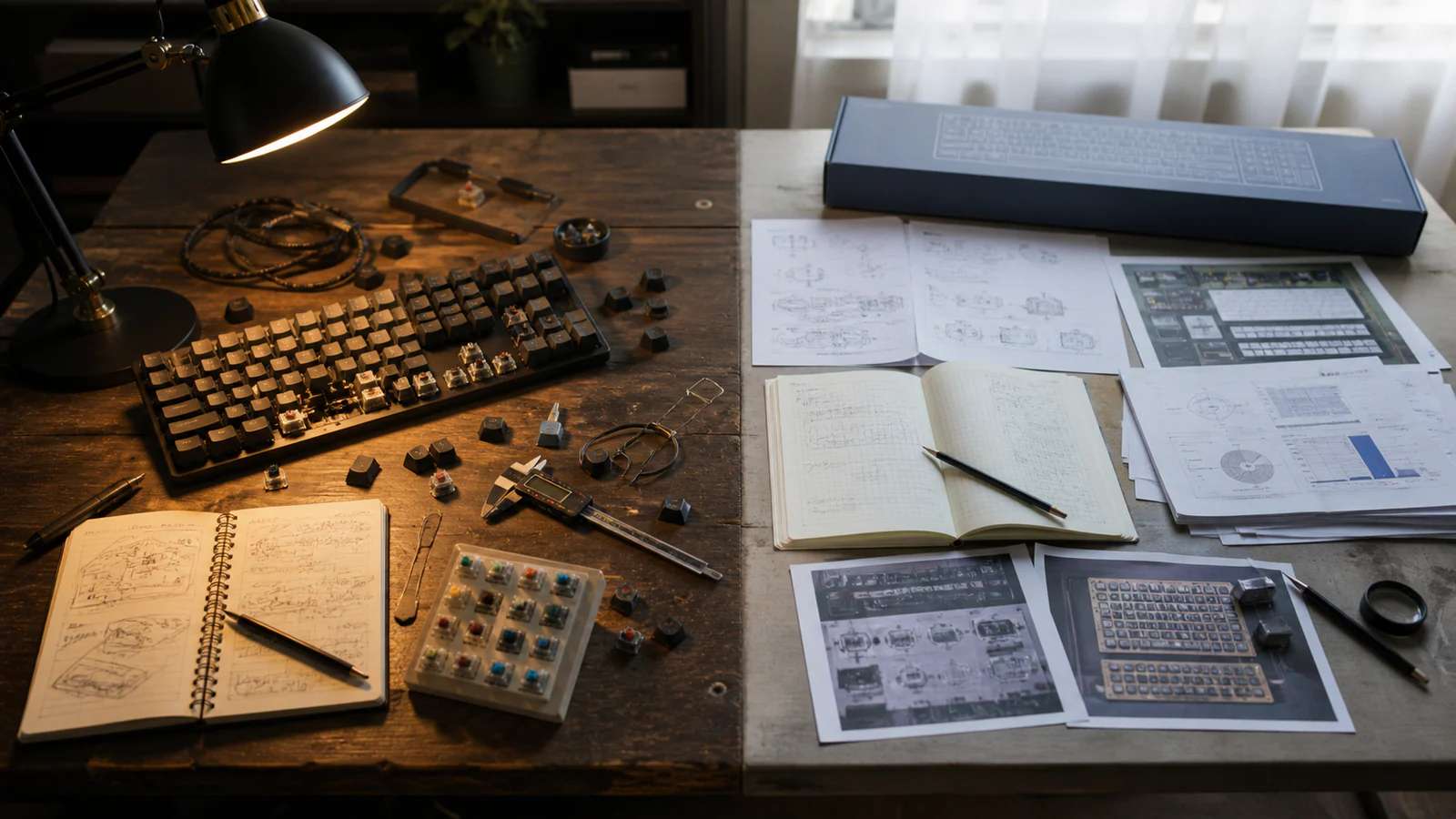 A used keyboard test bench beside an unopened keyboard surrounded by technical documents and teardown research