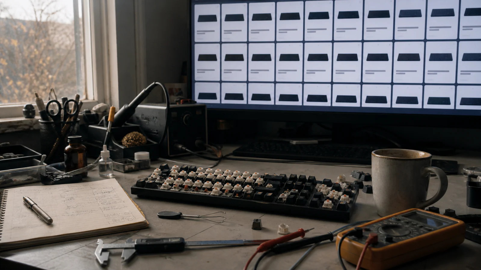 A disassembled mechanical keyboard and test equipment in front of a screen filled with repetitive product cards