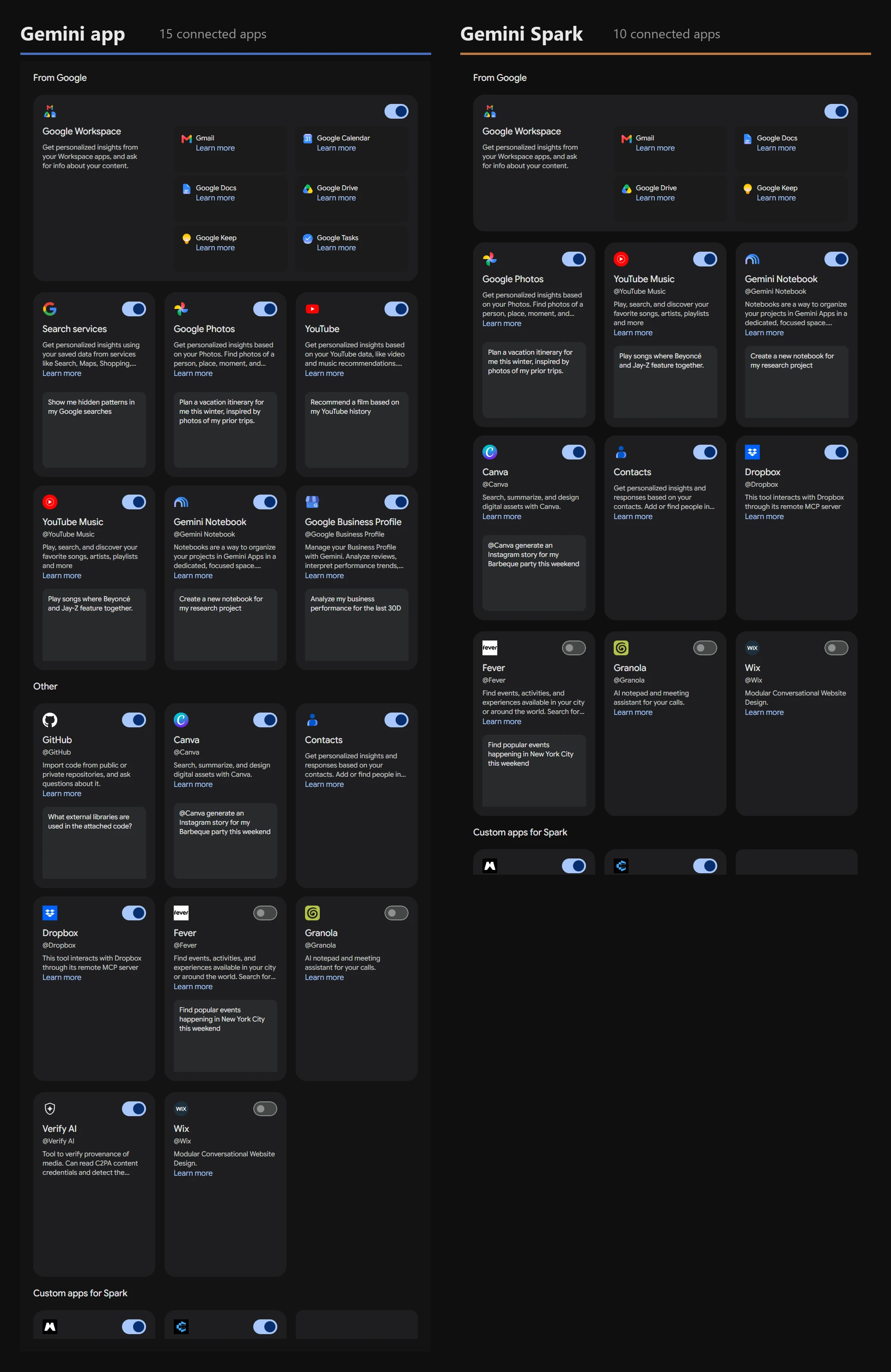Two screenshots side by side; the Gemini app column of connected app tiles runs roughly a third longer than the Gemini Spark column.